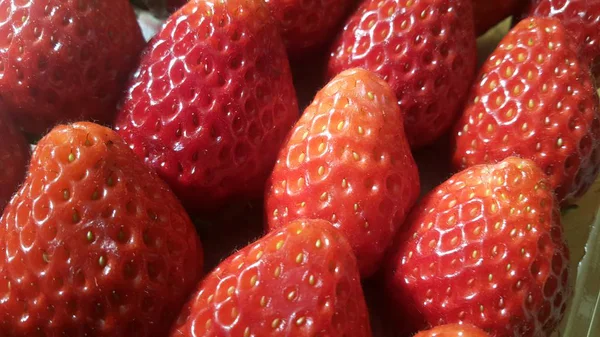 Stapel gesunder, frischer Bio-Erdbeeren im Supermarkt zum Verkauf — Stockfoto