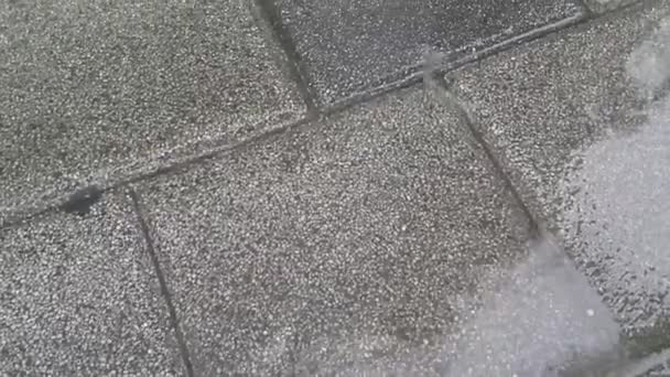 Vista de perto das gotas de água que chovem fazendo ondulação em tijolos cinzentos — Vídeo de Stock