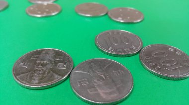 Kore Won sikke yeşil bir zemin üzerinde dağılmış