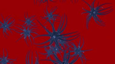 Kırmızı bir arka plan üzerinde parlayan bir dürtü ile 3d nöron hücreleri ağ yapısı. 3d render