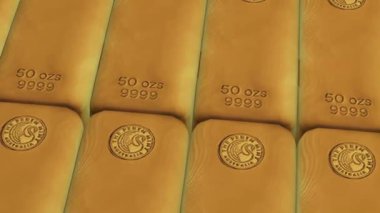 Ortam ışığı ile mükemmel sıralara yerleştirilen altın çubukların yakın çekim görünümü.