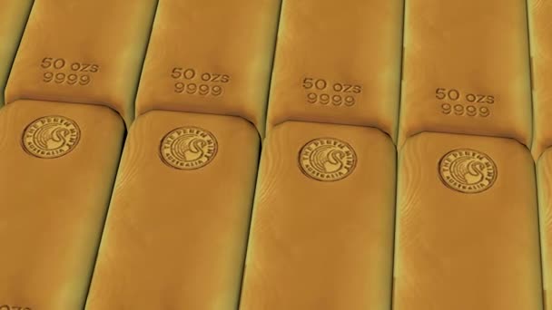 Close-up view of gold bars placed in perfect rows with ambient light. — Stock Video