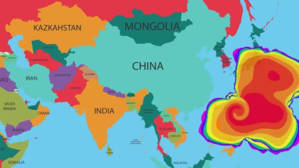 Animación de previsión de huracanes o tormentas de viento en el mapa del mundo como se ve en el radar meteorológico y la pantalla de satélite. Un mapa del tiempo rastrea huracán en el mapa del mundo . — Vídeo de stock
