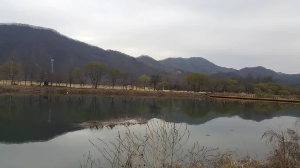 Blick auf schöne Szene von Flusswasser und grünen Bäumen auf großen Hügeln — Stockfoto