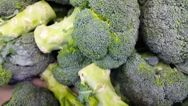 Closeup megtekintése Brokkoli káposzta zöld halom a szupermarketben. Tele van vitaminokkal, ásványi anyagokkal, rostokkal és antioxidánsokkal. — Stock videók