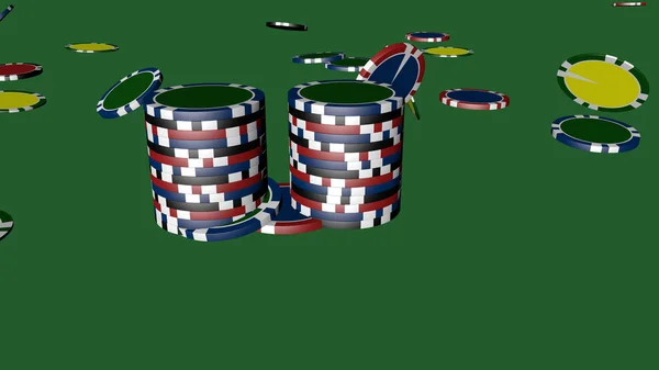 Набір покерних фішок різних кольорів ізольовано на зеленому фоні . — стокове фото