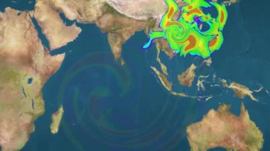 Hava radarı ve uydu ekranında görüldüğü gibi dünya haritasında kasırga veya fırtına tahmini animasyon. Bir hava haritası Dünya haritasında Hurricane izler.