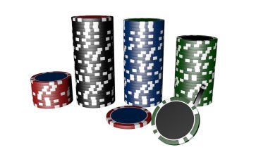 Beyaz arka planda izole edilmiş farklı renklerde poker fişleri seti.