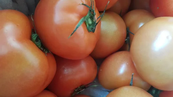 Tomates vermelhos em cesta vermelha no mercado para venda . — Fotografia de Stock