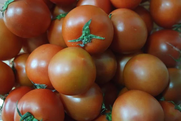 Vista Cerca Tomates Rojos Mercado Para Venta Fondo Fruta Para — Foto de Stock