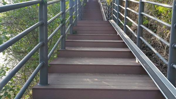 Ξύλινες Σκάλες Χειρολισθήρες Και Στις Δύο Πλευρές Πάρκο — Φωτογραφία Αρχείου