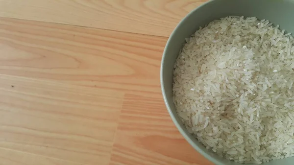 Top Closeup View Heap Rice Ceramic Bowl Placed Wooden Floor — Stock Photo, Image