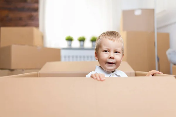 Söt Liten Knatte Att Hjälpa Packa Lådor Och Flytta — Stockfoto