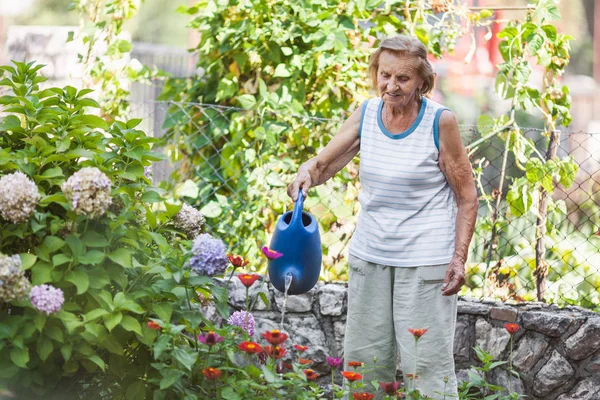 Donna anziana annaffiare le piante nel suo giardino — Foto Stock