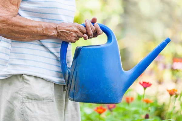 Wanita tua menyiram tanaman di kebunnya — Stok Foto