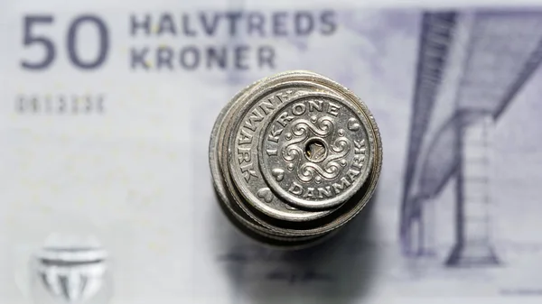 Korun Note Výběrem Smíšených Dánských Mincí Panoramatickém Formátu Koruna Oficiální — Stock fotografie