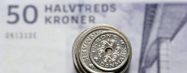 Billete Cincuenta Coronas Con Una Selección Monedas Danesas Mixtas Formato — Foto de Stock