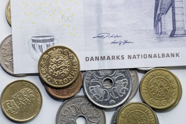 Korun Note Výběrem Smíšených Dánských Mincí Koruna Oficiální Měnou Dánska — Stock fotografie