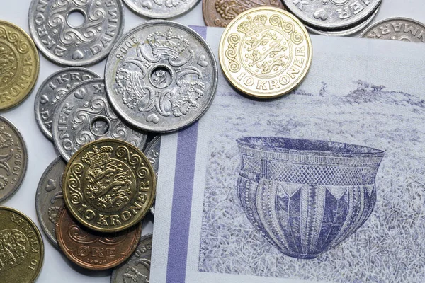 Korun Note Výběrem Smíšených Dánských Mincí Koruna Oficiální Měnou Dánska — Stock fotografie