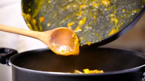 人手将肉与香料混合在煎锅里 — 图库视频影像
