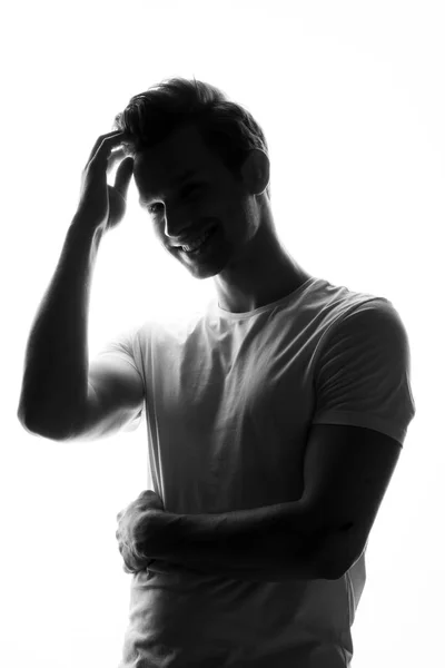 Young Thoughtful Man Standing White Background Touching His Forehead — Stock Photo, Image