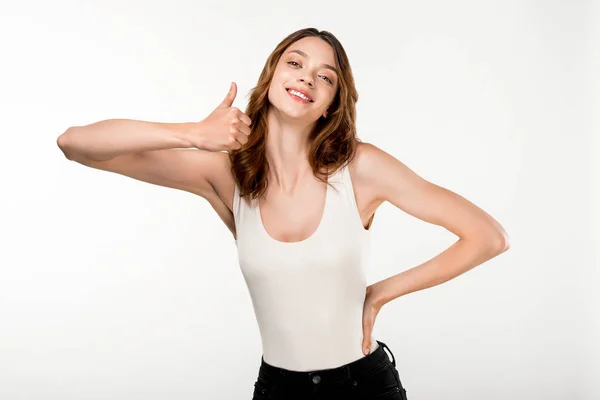Νεαρή Γυναίκα Έκφραση Του Προσώπου Χειρονομίες Χέρι Στέκεται Πάνω Λευκό — Φωτογραφία Αρχείου