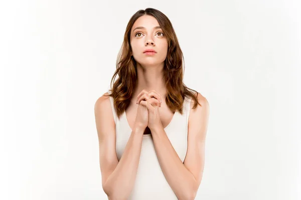 Studio Πορτρέτο Της Νεαρής Γυναίκας Χειρονομώ Χέρια Προσεύχεται Θέτοντας Λευκό — Φωτογραφία Αρχείου