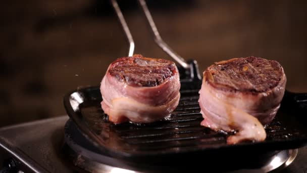 Craft Selected Beef Steak Marble Meat Fillet Mignon Bacon Fried — Stock Video