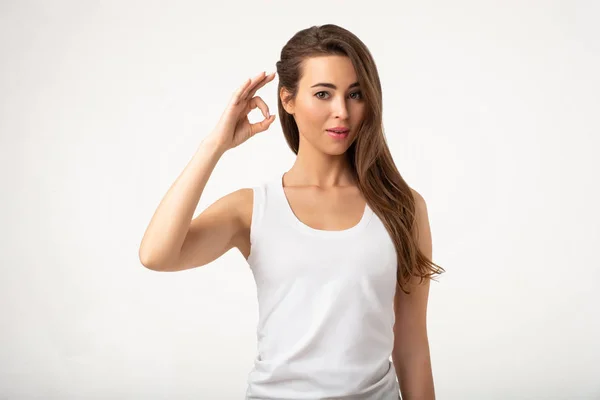 Beautiful Brunette Woman Gesturing Sign Fingers Standing White Background — Stock Photo, Image