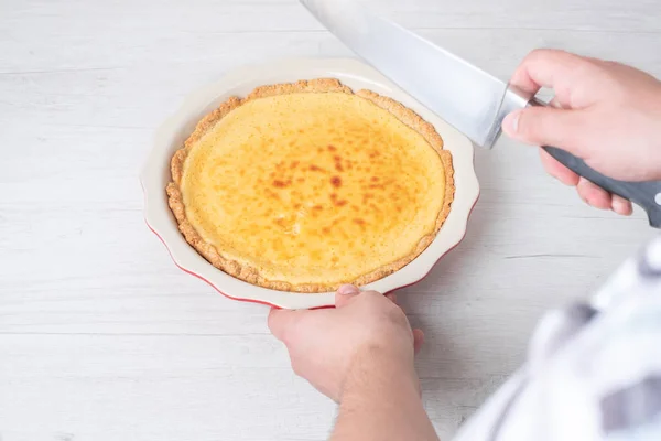 Chef Serving Sweet Cheesecake Pan — Stock Photo, Image