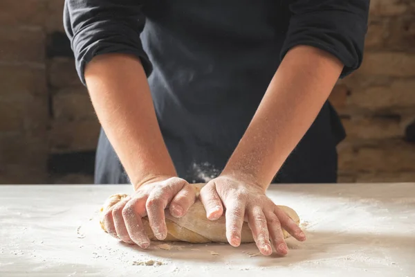 Close View Baker Hands Kneading Dough Challah Traditional Jewish Bread — Stock Photo, Image