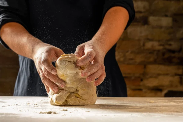 Close View Baker Hands Kneading Dough Challah Traditional Jewish Bread — Stock Photo, Image