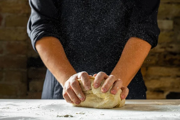 Close View Baker Hands Kneading Dough Challah Traditional Jewish Bread — Stock Photo, Image