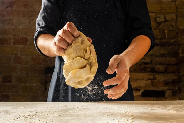 Close View Baker Hands Kneading Dough Challah Traditional Jewish Bread — Stock Photo, Image