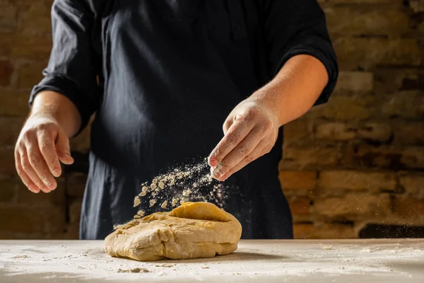 Close View Baker Hands Kneading Dough Challah Traditional Jewish Bread — Stock Photo, Image