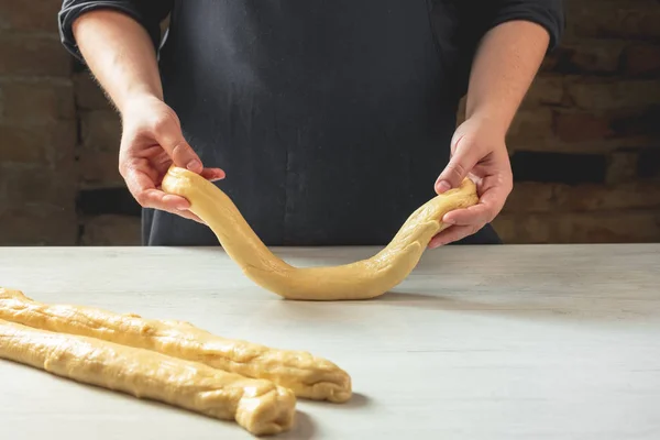 Male Baker Making Traditional Challah Jewish Bread — Stock Photo, Image