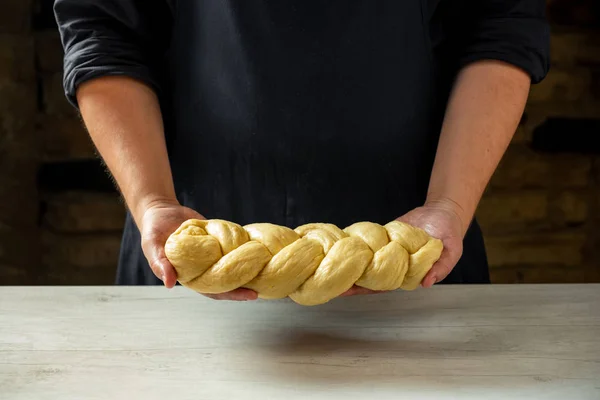 Male Baker Holding Loaf Raw Challah Jewish Bread — Stock Photo, Image