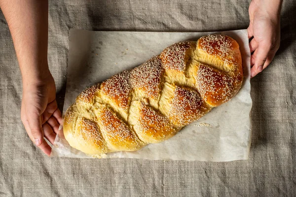 Baker Holding Fresh Baked Challah Traditional Jewish Bread Paper — Stock Photo, Image