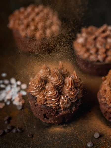 Hemmagjord Choklad Cupcakes Med Saltade Sockerkulör Beströs Med Kanel Mörk — Stockfoto