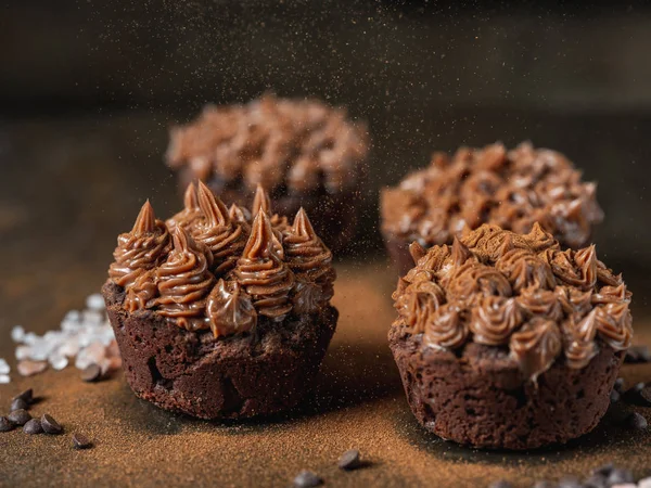 Homemade chocolate cupcakes with salted caramel sprinkled with cinnamon on dark stone background