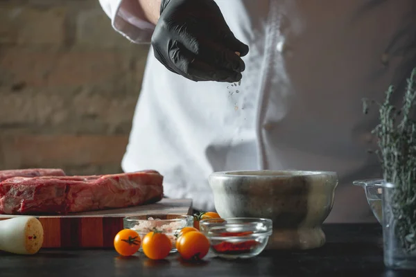 Chef Preparing Pork Ribs Various Spices Salt Wooden Board — Stock Photo, Image