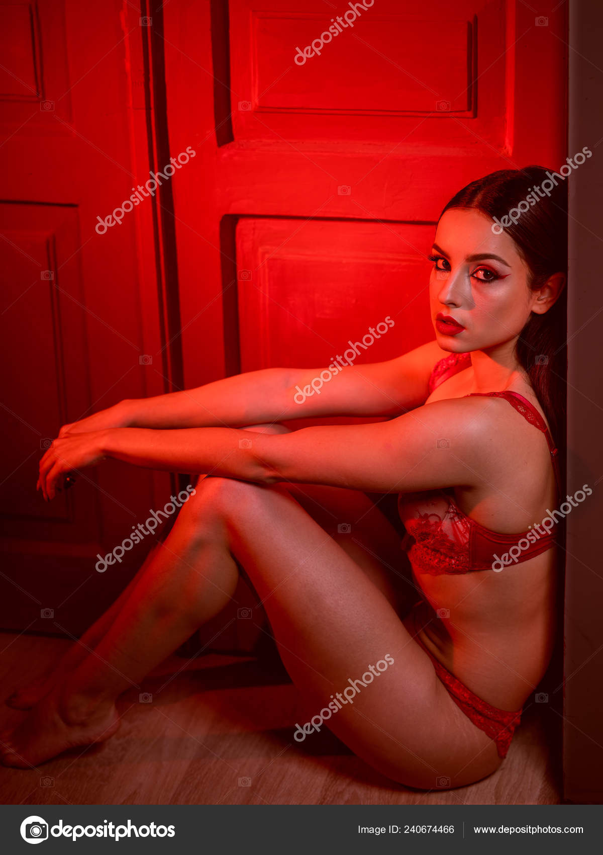 Sensual Brunette Woman Lace Lingerie Posing Red Light Stock Photo by ©Stockoholic 240674466 pic