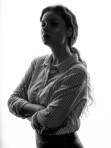 Young Curly Woman Striped Shirt Crossed Arms White Background — Stock Photo, Image