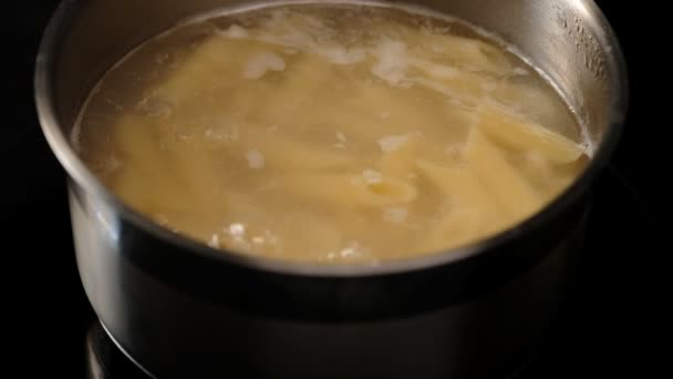 ソースパンで沸騰サラダ用ペンネパスタの近景 — ストック動画