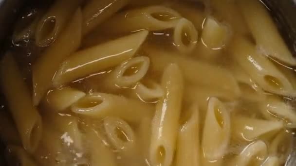 Close View Boiling Penne Pasta Saucepan — Stock Video