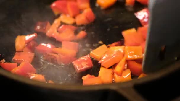 Close View Chopped Bell Pepper Frying Folding Pan — Stock Video