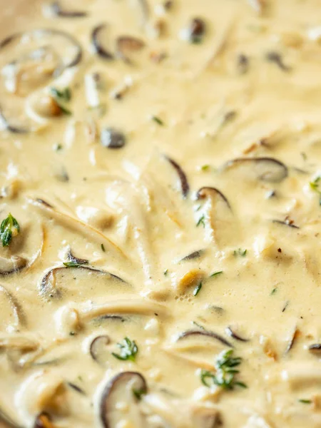 Close view of creamy mushroom sauce with spices and rosemary cooking in pan