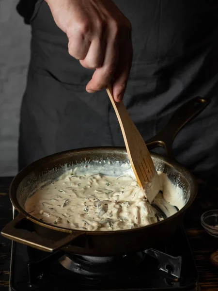 Close View Chef Cooking Creamy Mushroom Sauce Spices Rosemary Pan — Free Stock Photo