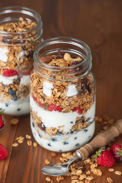 Cam Kavanozlarda Böğürtlenli Yapımı Granola — Stok fotoğraf