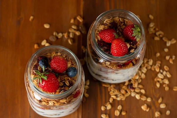 Homemade Granola Berries Glass Jars — Stock Photo, Image